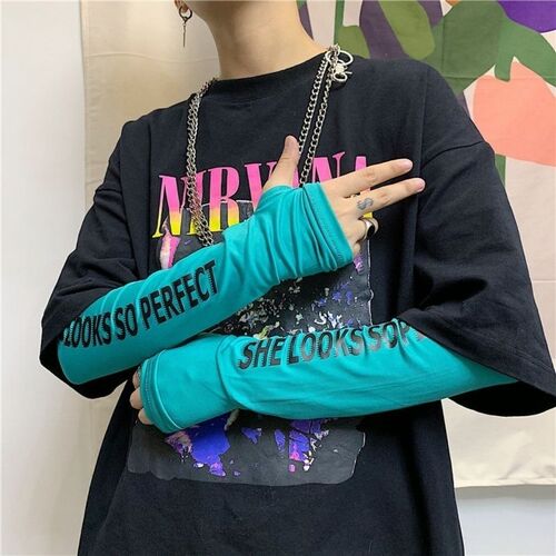 Sun protection hand sleeves arm gloves women's thin ice silk sleeves men's ice sleeves ins orange letters summer internet celebrity trend