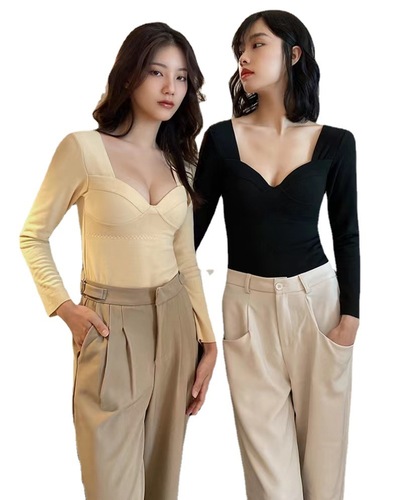 Autumn and winter German velvet seamless thermal underwear women's tops with hair straps and chest pads low-neck long-sleeved slim bottoming shirts for women in autumn