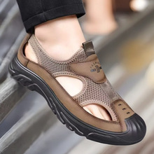 2025新款夏季男士网面沙滩鞋真皮软底镂空透气凉鞋运动休闲凉皮鞋