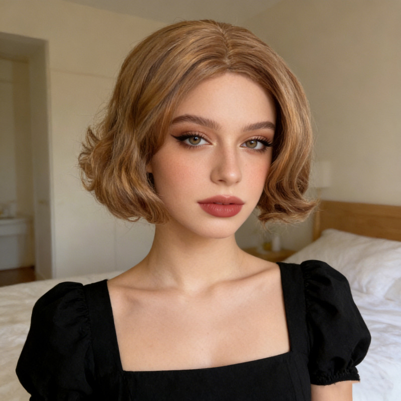 Amazon European and American Foreign Trade Wigs for Women, Short Bob with Middle Parting, Short Curly Hair, Full Head Wig, Direct from Factory, in Stock