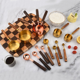 Stainless steel measuring cup measuring spoon 8 piece set baking utensils with scale measuring spoon walnut handle rose gold measuring spoon