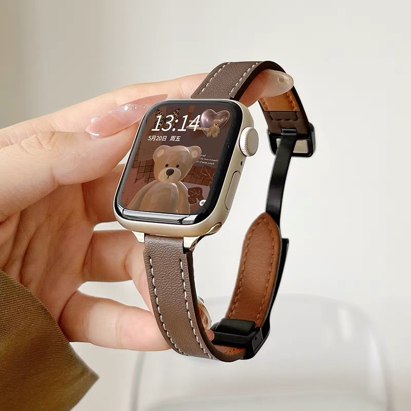 Suitable for Apple Watch 10/11 Thin Color-Blocked Magnetic Buckle Leather Strap Iwatch9876 Premium Watch
