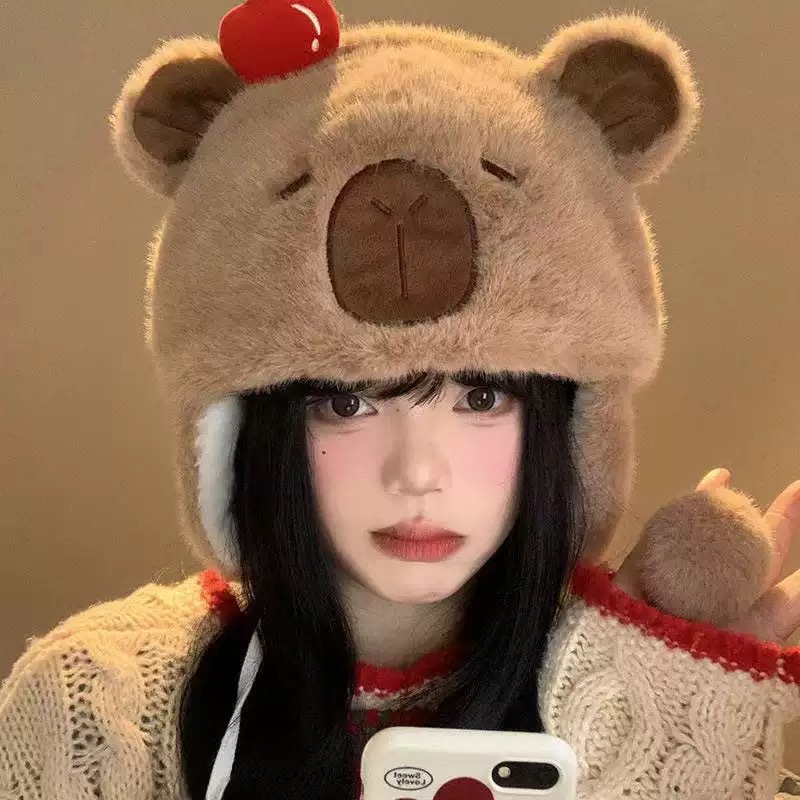 可爱卡皮巴拉毛绒帽女秋冬季显脸小套头帽防寒保暖护耳雷锋帽子潮