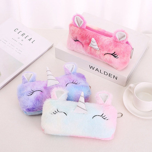 Cross-border new plush gradient unicorn girl heart cartoon pencil bag student storage bag large capacity cute stationery