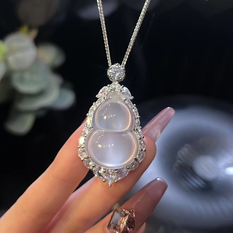 Mặt dây chuyền vòng cổ chalcedony bầu đá cao tự nhiên kiểu mới 2024 Fuluhao dát phong cách Trung Quốc mới — Bạc (bạc s925), Vàng 14k, Bạch kim, Vàng hồng chi tiết 2