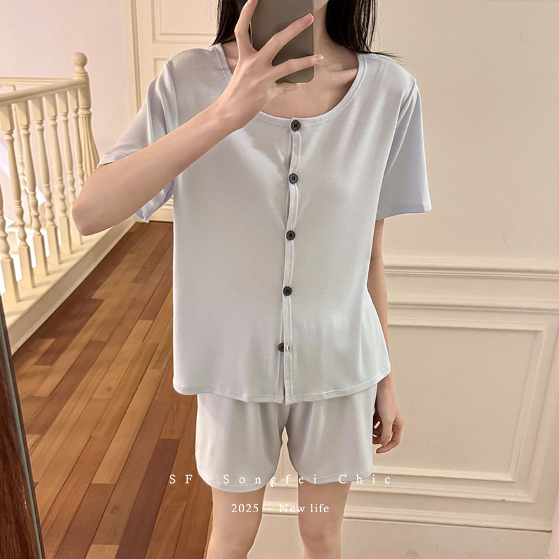 Lyocell Summer Short-sleeved Shorts Cardigan Pajamas suit Skin-friendly Lightweight Breathable Home Clothes High-end Loose Women Lyocell Summer Short-sleeved Shorts Cardigan Pajamas suit Skin-friendly Lightweight Breathable Home Clothes High-end Loose Women