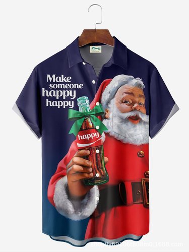 Christmas Print Casual Short-Sleeve Cross-Border New Santa Claus Shirt Cross-Border Amazon Original Manufacturer