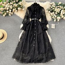 跨境2024法式复古宫廷风礼服重工刺绣边修身长款蕾丝连衣裙dress