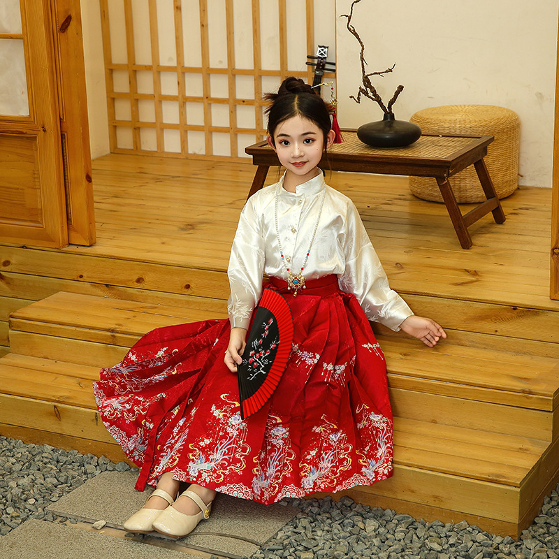 Falda de cara de caballo para niñas Hanfu Net Red Spring Nuevo estilo Vestido Tang para niños de mediana edad Princesa Estilo antiguo Estilo occidental Estilo chino