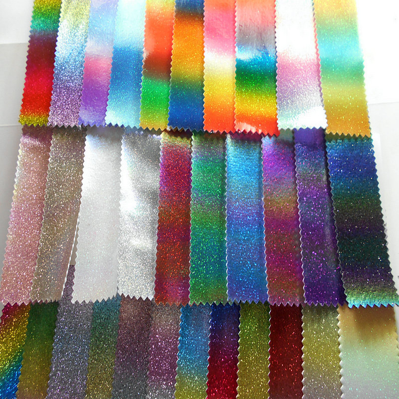 新款淋膜格丽特彩条PU皮革彩虹七彩条渐变闪金葱粉格力特手袋面料