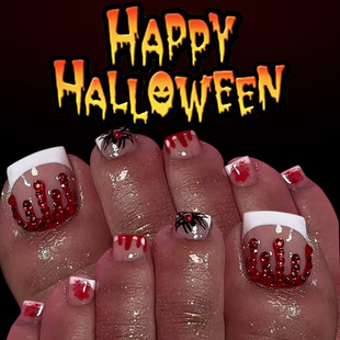 Short Shiny Square French Toenails 2025 New Halloween Spider Web Blood Drops Dark Red Diamond 24 Pieces
