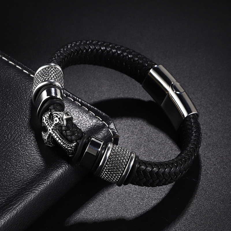 Cross-Border Jewelry Wholesale 2022 Titanium Steel Cross Leather Braided Bracelet Magnetic Clasp Men's Leather Bracelet European and American Style