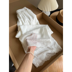 フレンチレース刺繍ホワイトリネンカジュアルストレートパンツ女性のための 2025 夏の新スタイル軽量通気性ドレープワイドレッグパンツ