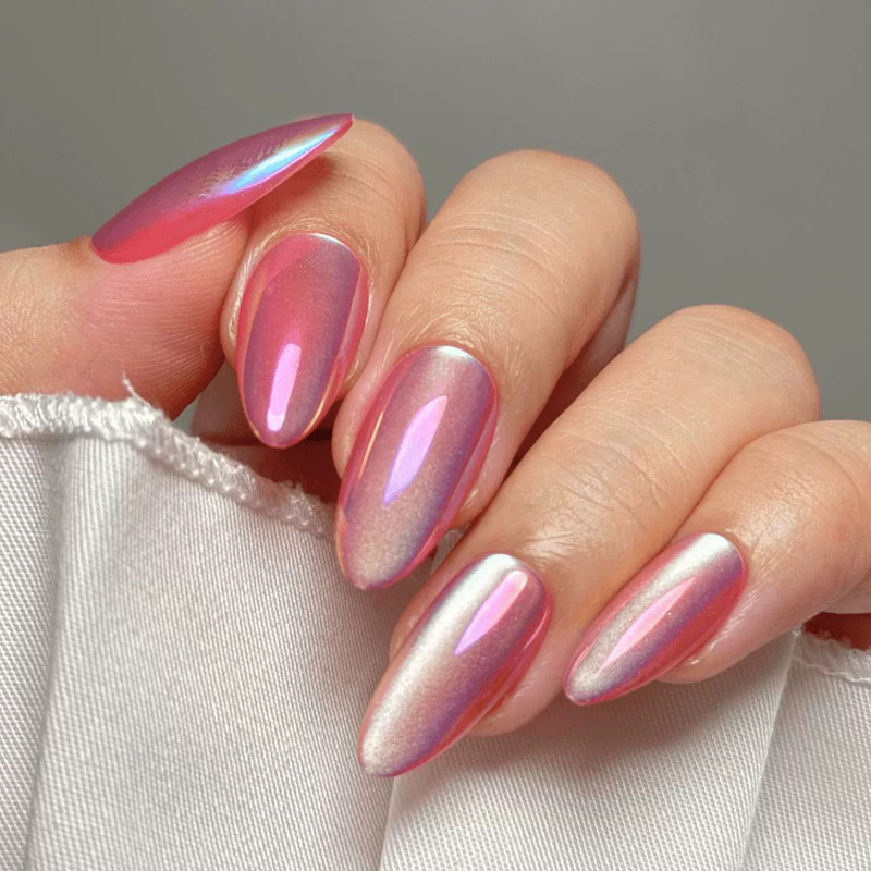 Peach Pink Electroplated Cat-Eye Press-On Nails, Gentle Sweet Girl Style Manicure, 24 Pieces of Fashionable European and American Nails