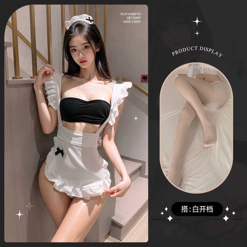 메이드복 [머리띠+긴팔탑+T바지+옷]+흰색 오픈양말
