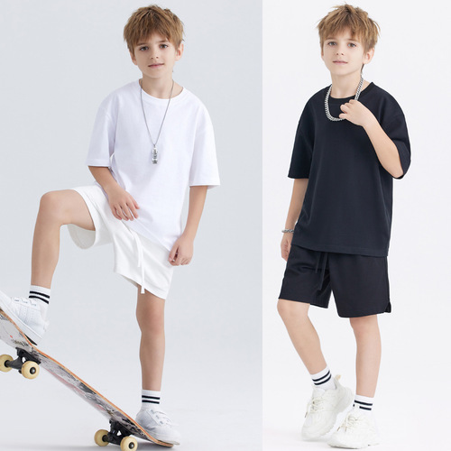 Children's and Parent-Child Clothing 100% Cotton T-Shirts with Printed Logo for Medium and Small Boys and Girls, 240g, Solid Color