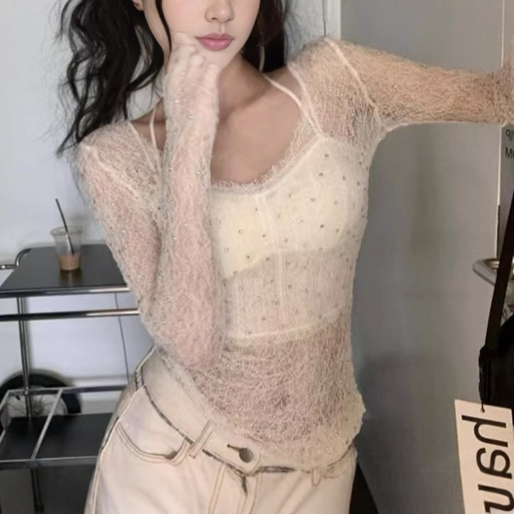 Pure Desire Spice Girl Diamond Glittering White Lace T-shirt Women's Summer Slimming Hollow Sunscreen Top Explosions ins