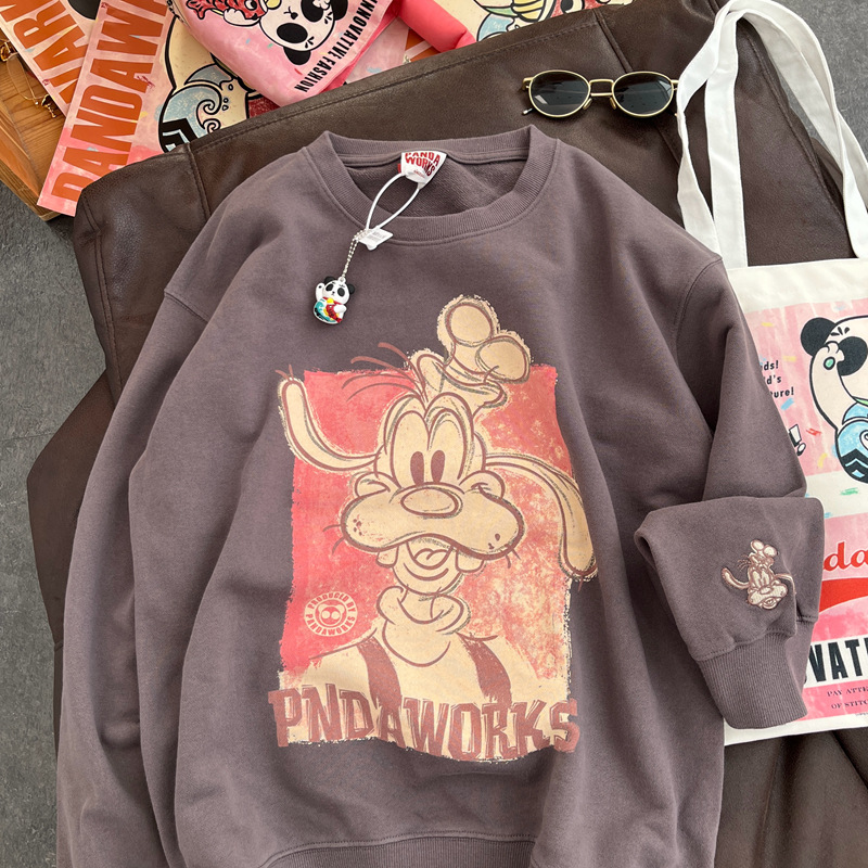 American Style Retro Cartoon Graffiti Round Neck Sweatshirt Women's Autumn New Loose Casual All-match Long Sleeve Women's Top for Foreign Trade