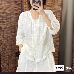 2025夏季新款亚麻短款外套开衫休闲衬衫文艺复古9399套头款纽扣