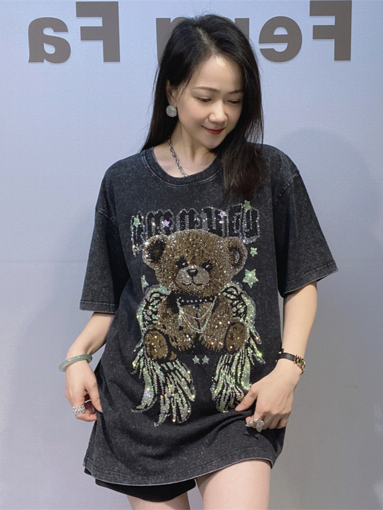 Europa y los Estados Unidos ropa de mujer grande atado teñido caliente diamante cuello redondo camiseta de mangas cortas para hombres y mujeres el mismo algodón de verano chaqueta de diamante image 6