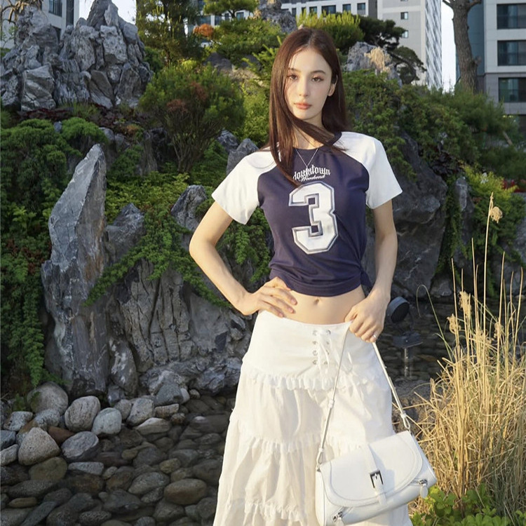 Korean Trendy Brand Lartigent Preppy Style No. 3 Embroidered Color-Blocked Raglan Short-Sleeved Jersey T-Shirt Top for Women