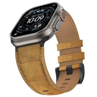 适用苹果手表表带Apple Watch双杠疯马纹真皮表带限大号表盘手表