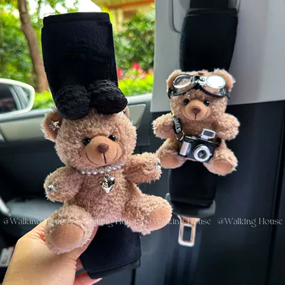 Car Seatbelt Decorative Shoulder Pads, Cute and High-End, Maillard Bear Plush Car Interior Decoration Gift (Seat belt shoulder pad) - maillard-photographer-black-shoulder-pad-1-pair