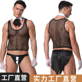 【姚心田】新款男士酒吧调酒师服装透视网纱性感DS钢管舞制服