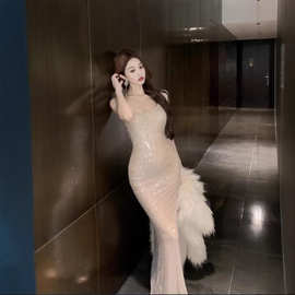 御姐名媛高级感穿搭宴会礼服裙夏季重工性感露背吊带连衣裙包臀裙