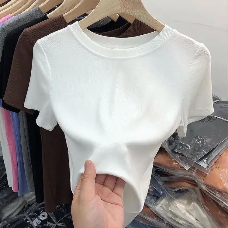 ソリッドカラーフェイシャルマスクTシャツレディース半袖2024夏新作フレンチスリムフィットデザインボトリングシャツトップ|undefined