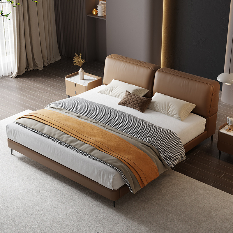 Italiano minimalista gran vaca negra cama de cuero real tofu bloque cama dormitorio principal de gama alta elegante verano imagen negro simple cama suave