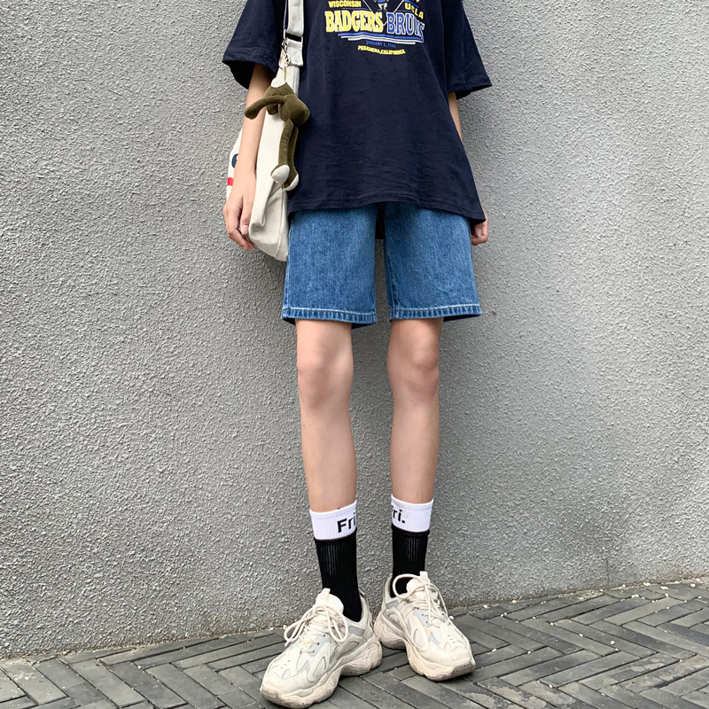 Five-point Denim shorts women's summer New loose slimming small high waist outer wear wide leg riding straight pants Five-point Denim shorts women's summer New loose slimming small high waist outer wear wide leg riding straight pants