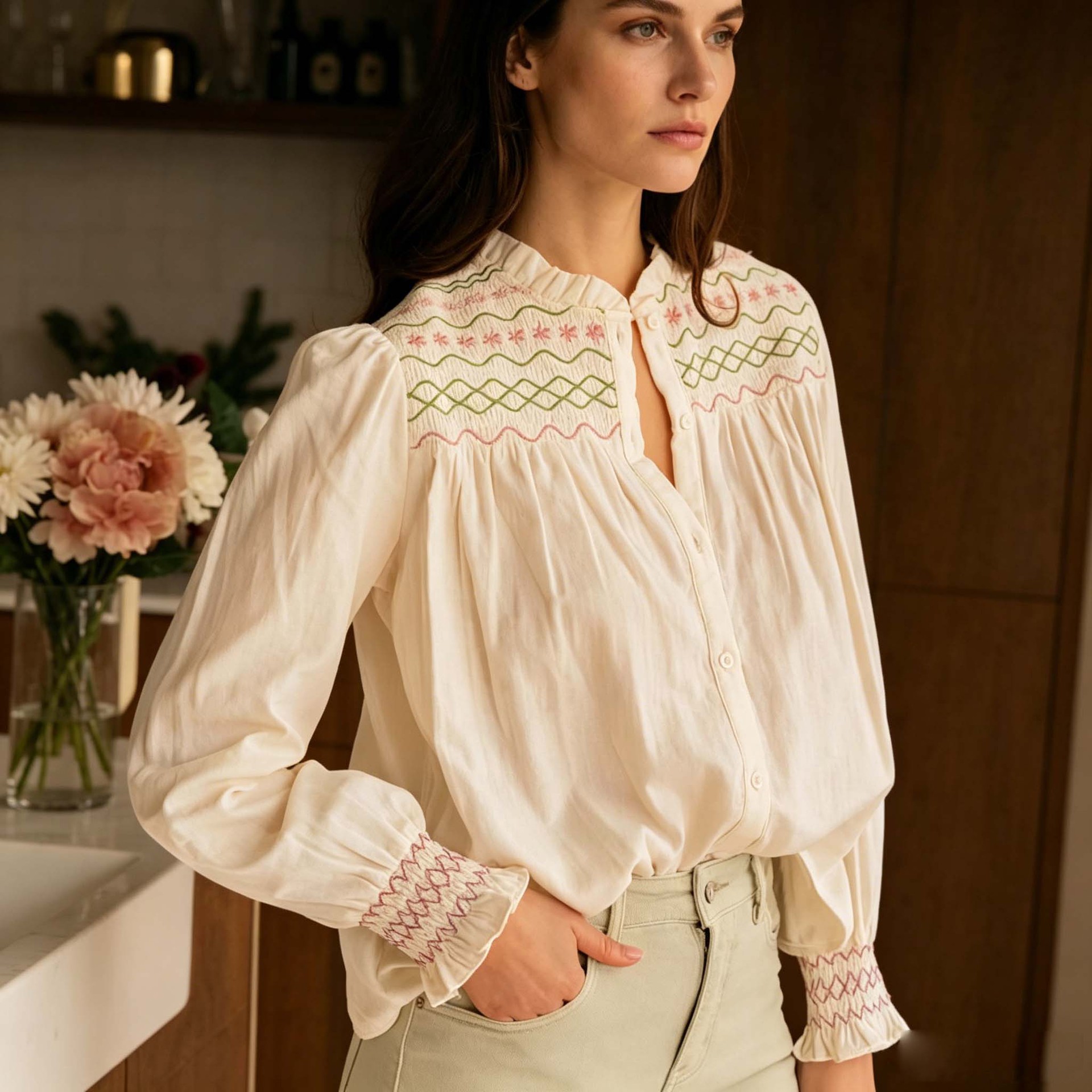 Comercio exterior de mujeres europeas y estadounidenses camisa de manga larga francesa estilo retro bordado collar de nicho camisa de diseño de ropa image 1