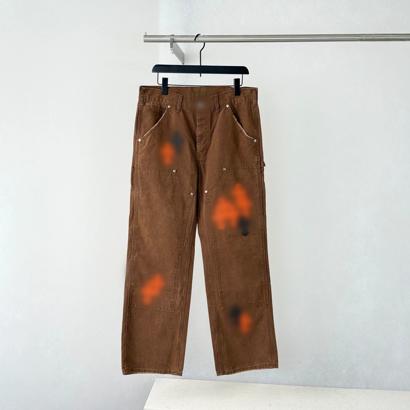 Top-quality 26SS trendy brand new CH Crois style brown, orange, and black patchwork leather cross-stitched denim pants