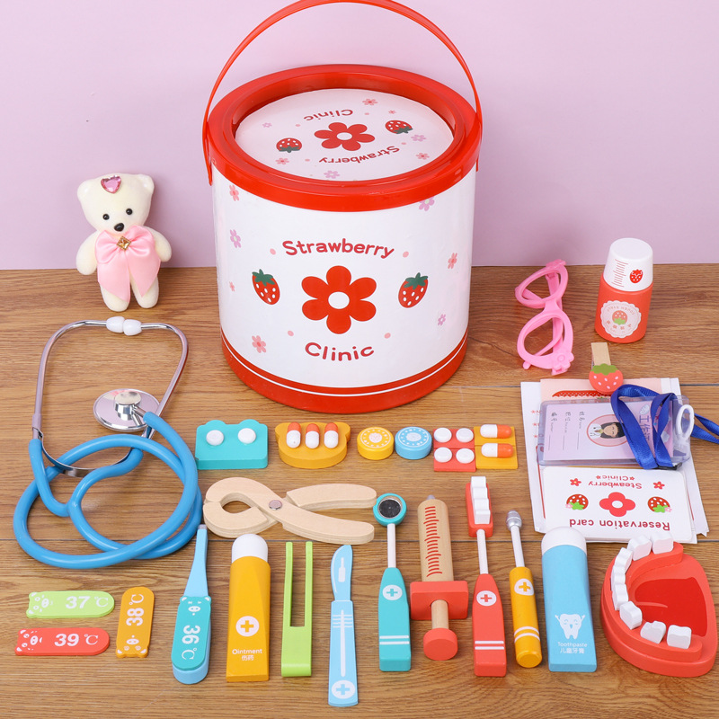 Niños barril pequeño médico traje bebé niños y niñas jugar casa simulación de inyección regalo juguetes madera