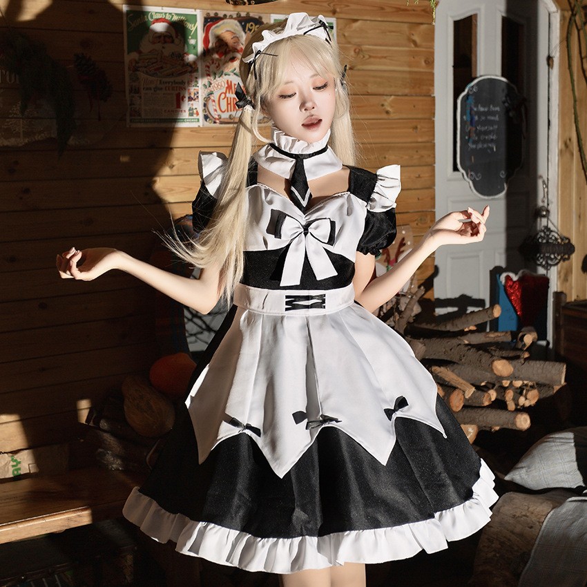 Cosplay Japanese-style soft girl maid dress, pure and cute black and white classic maid uniform set
