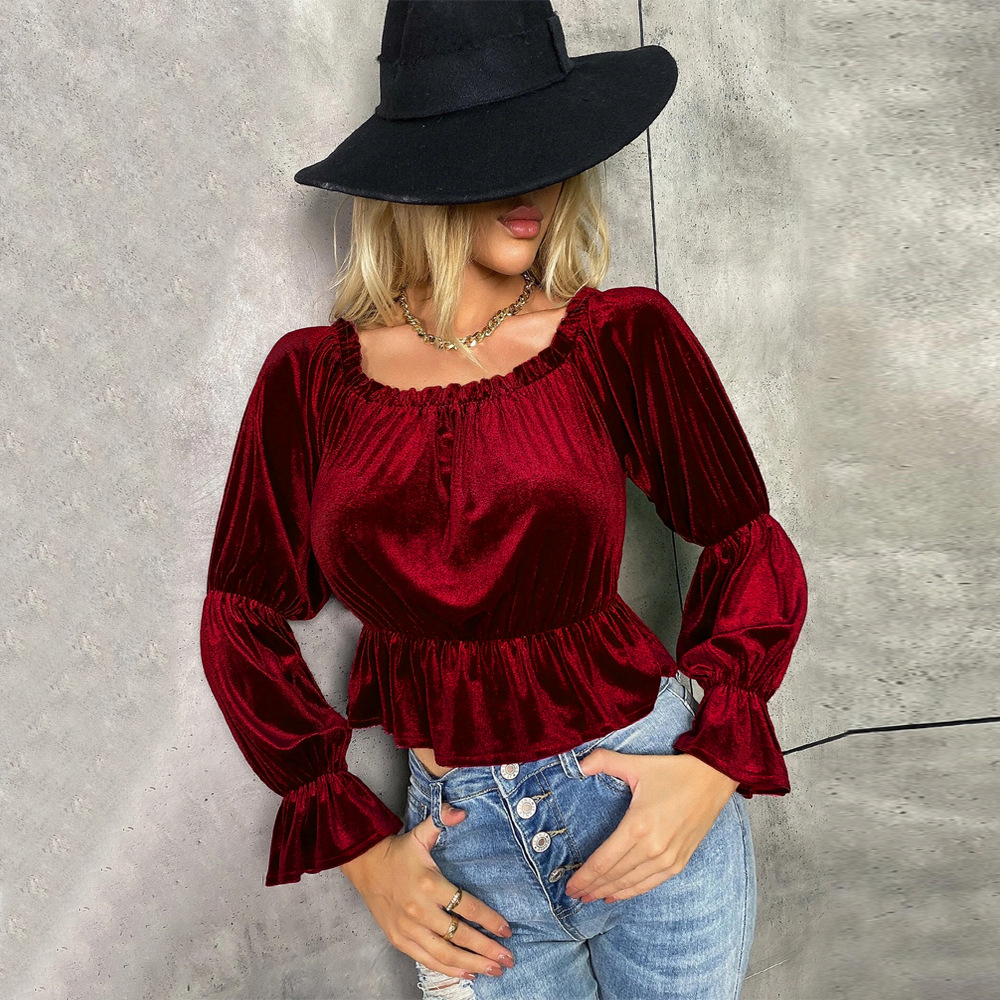 Voya Women's Clothing 2026 Spring/Summer New European And American Off-Shoulder Ruffle Elegant French Velvet Long-Sleeve T-Shirt_ecoleips.com