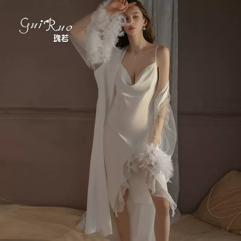 DZ瑰若性感开叉甜美荷叶边荡领诱惑吊带睡裙外袍女式家居套装4459