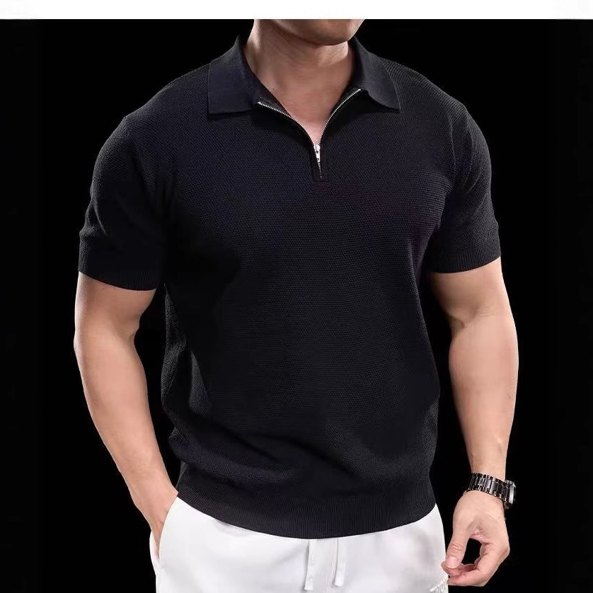 Camisa de polo de manga corta con textura de cremallera de alta calidad de verano, nueva camiseta de solapa de negocios de moda para hombres