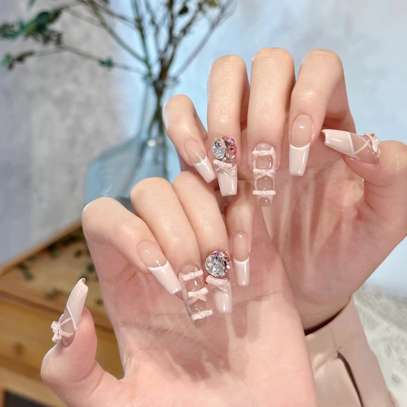Autumn and Winter high-grade wear nail nude bow pure desire manicure mid-length ballet shoes wearable nail stickers Autumn and Winter high-grade wear nail nude bow pure desire manicure mid-length ballet shoes wearable nail stickers