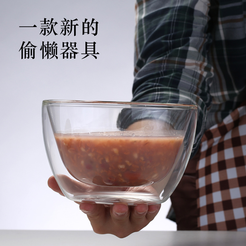 Hogar creativo transparente de doble capa tazón de vidrio tazón de ensalada de frutas yogur helado tazón postre tazón de arroz