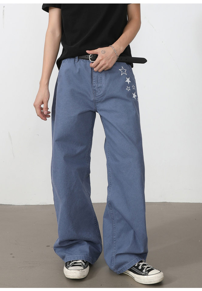 Quần dài nam ống rộng lưng trung in họa tiết ngôi sao Mỹ, form suông thoải mái — Xanh da trờicolor, màu kaki, màu xám, màu đỏ chi tiết 29