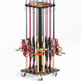 木质鱼竿收纳架落地大容量钓鱼竿渔具整理架可旋转抄网鱼竿展示架