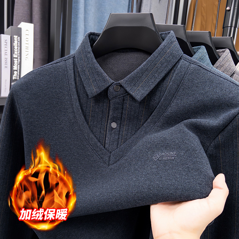 2026 New Style Knitted Men's Fleece-Lined Thickened Striped Business Casual Warm Collared Base Shirt Wholesale