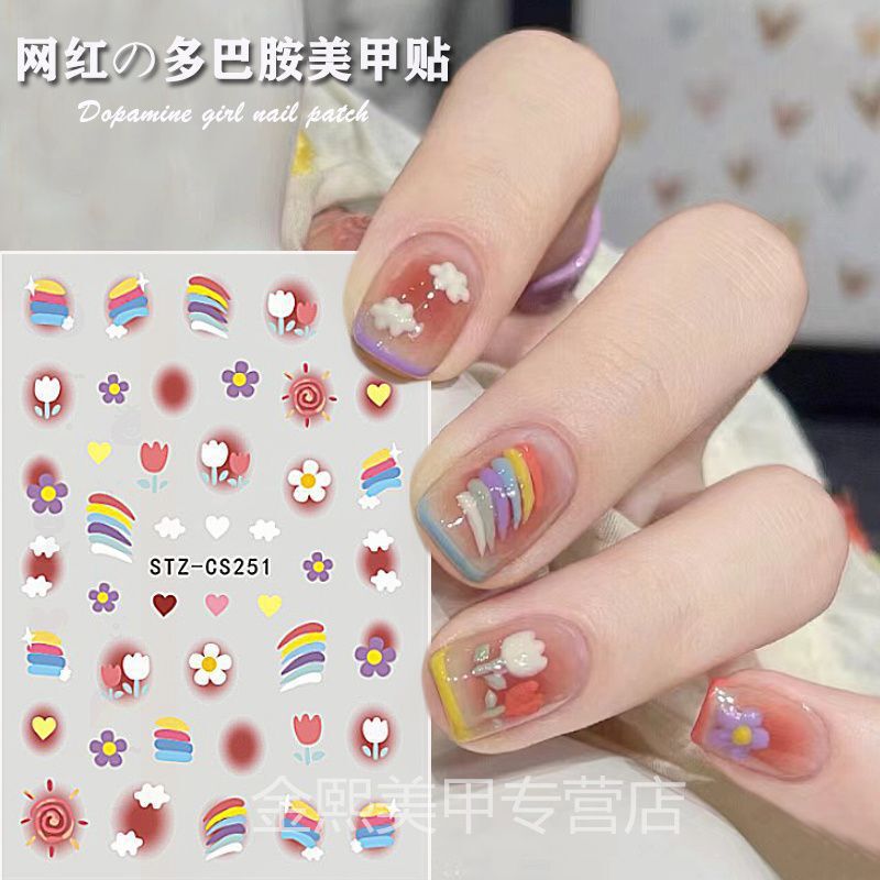 New Trendy Dopamine Girl Nail Stickers Japanese Candy Color Small Rainbow Tulip Graffiti Five-Pointed Star Nails