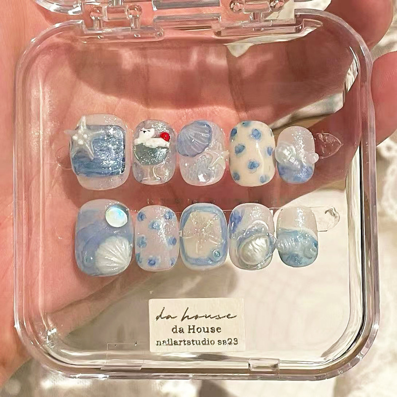 Xiaohongshu's Popular Korean-Style Girly Blue Cat-Eye Nail Stickers 3D Ocean-Themed Transparent Nail Patches