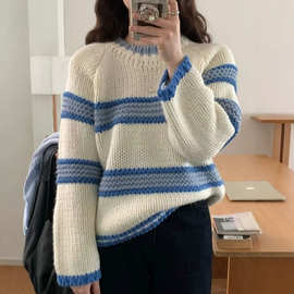 现货 秋冬跨境韩版外贸新款休闲纯手工撞色针织衫毛衣外套sweater