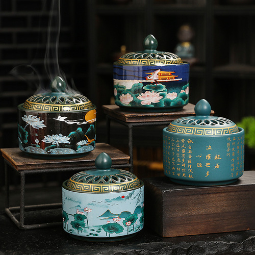 Creative ceramic plate incense burner indoor incense repellent incense cone incense burner ancient rhyme incense burner wholesale sandalwood mugwort incense ornaments