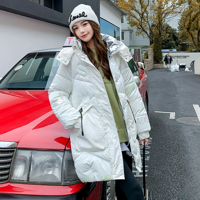 Long winter glossy fashionable down jacket with hood with down, mid-length, 2023, European style