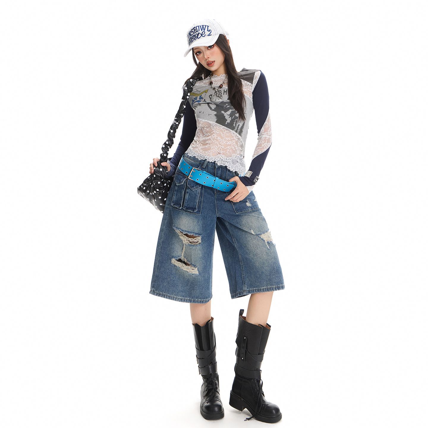 2026-yil yozgi yangi retro yirtilgan denim o'rta uzunlikdagi shortlar, keng oyoqli shimlar, keng o'lchamli, ozg'inlashtiruvchi dizayn, ayollar uchun besh nuqtali shimlar